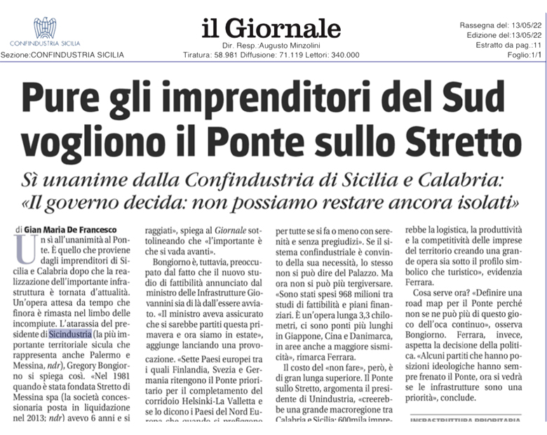 PURE GLI IMPRENDITORI DEL SUD VOGLIONO IL PONTE SULLO STRETTO - 13/05/2022